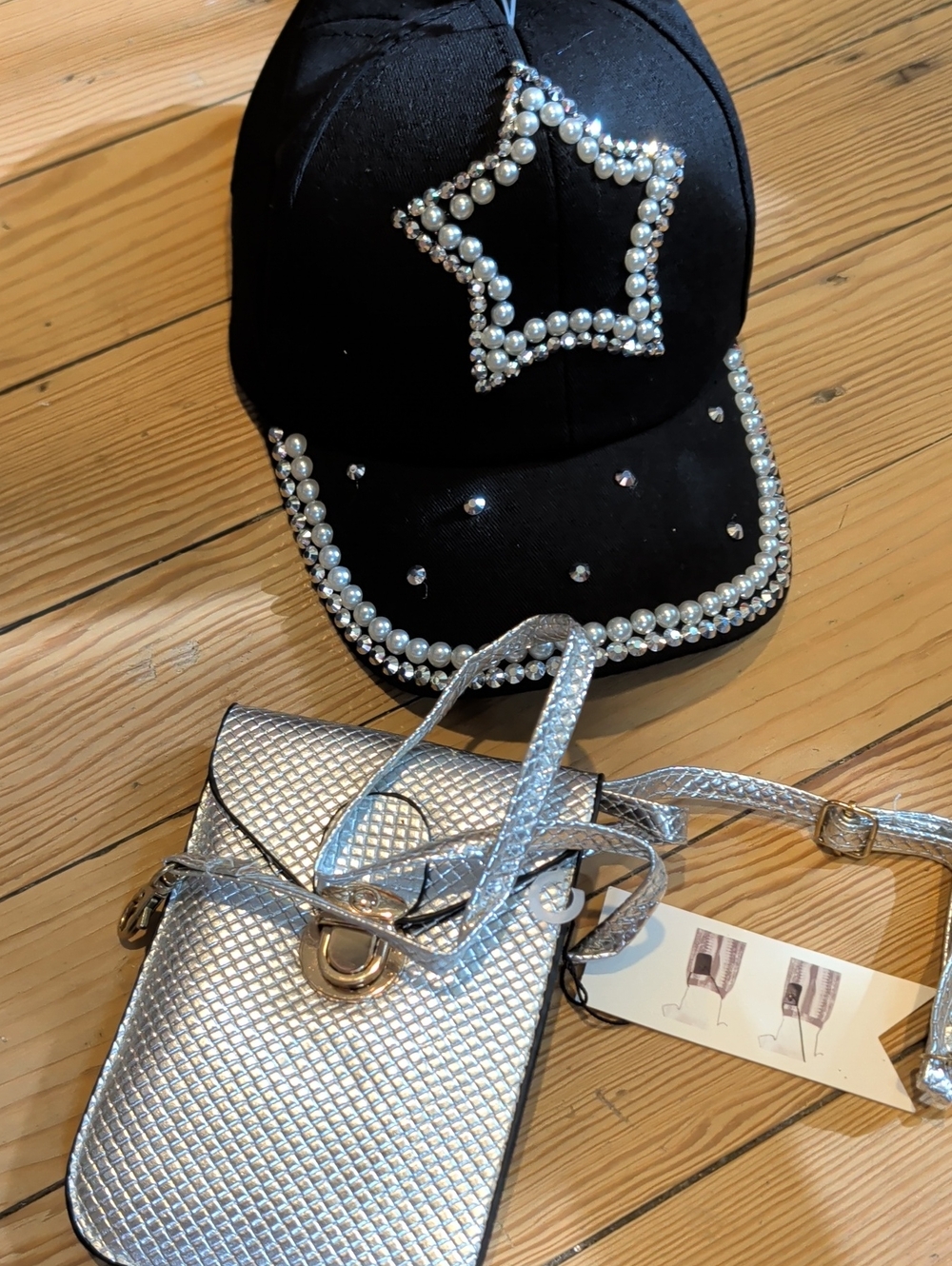 Black Pearl-Embellished Cap & Silver Crossbody Set
